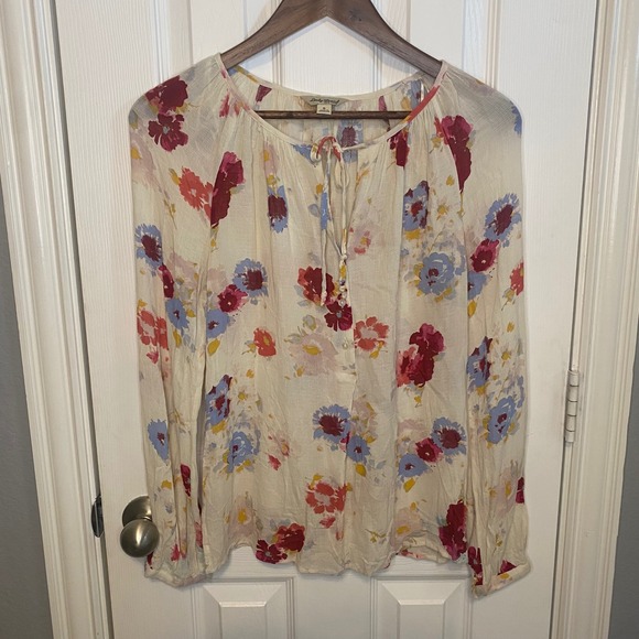 Lucky Brand Tops - Lucky Brand Womens Small Blouse Floral Peasant Long Sleeve Tie Neck Cream Boho